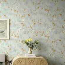 1 Roll 53cm Wide Green Base Apricot Floral Non-Woven Wallpaper, Embossed Textured Pattern Suitable For Home Living Room Bedroom Wall Decor Upgrade TV Background Wall - Blue Base, Apricot and White Combination - View 2