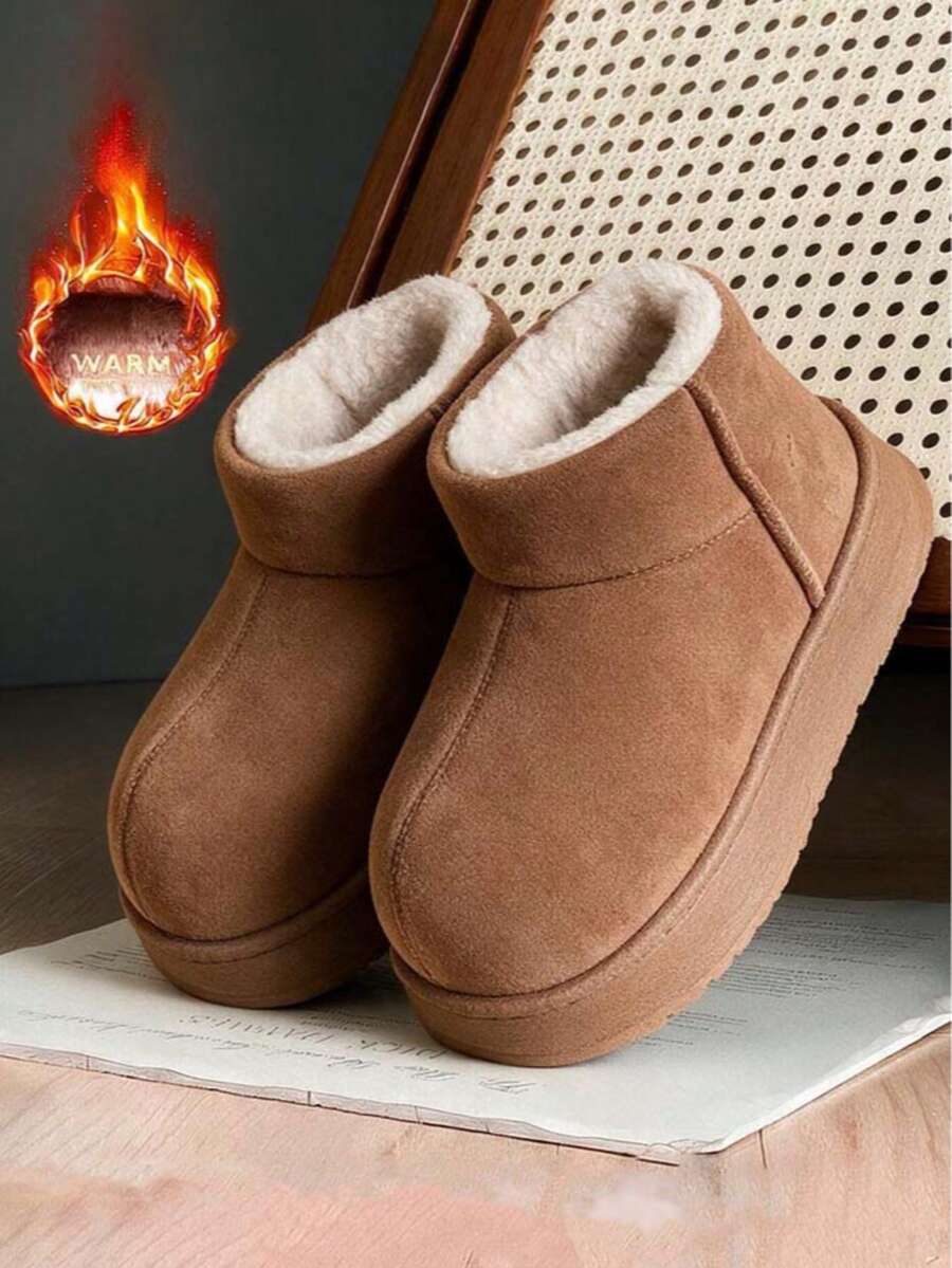 Women's Winter New Fashion Retro Thick Sole Platform Snow Boots, Thermal Lined Warm Ankle Boots For Home, Outdoor, Commuting, Versatile Fuzzy Ankle Boots - Khaki - View 1