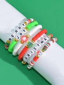 6pcs/Set Christmas Letter Theme Beaded Soft Clay Bracelet Set, Children's Christmas Decoration Jewelry Party Gift - Multicolor - View 7