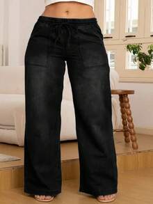 Plus Size Women's Denim Jeans, Fashionable Versatile Back Pocket Drawstring Elastic Waist Straight Leg Wide Leg Stretch Denim Pants - Black - View 3