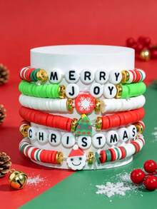6pcs/Set Christmas Letter Theme Beaded Soft Clay Bracelet Set, Children's Christmas Decoration Jewelry Party Gift - Multicolor - View 4