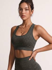 Heather Grey Racerback Sports Bra Stylish Open Back Cutout Gym Top Perfect Layering Piece For Fall Workout & Yoga Padded Athletic Vest - Grey - View 8
