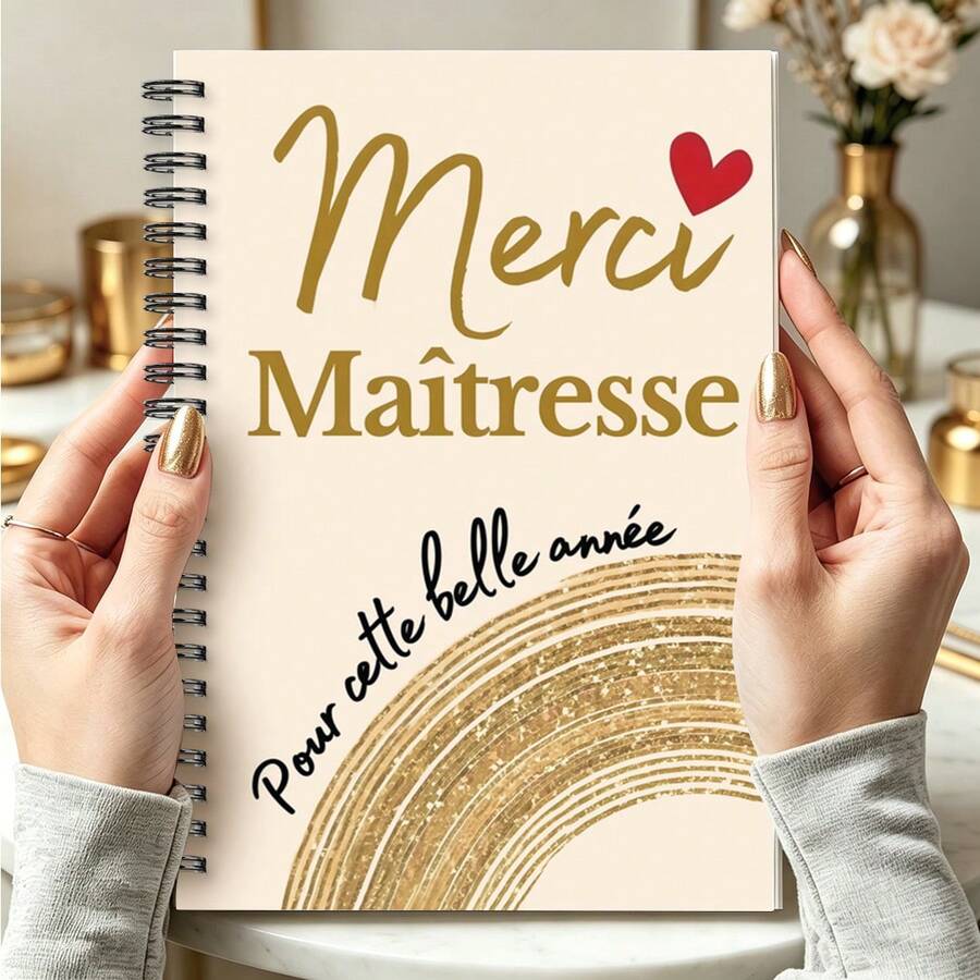 DANPERJI 1本 A5 優雅法式「Merci Maitresse」螺旋筆記本,金米色設計配愛心裝飾,教師感謝禮物,開學季、大學與辦公室文具 - A5 - 查看 1
