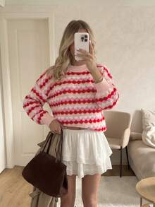 Sweater Pullover Kasual Wanita Warna Pink untuk Musim Gugur/Dingin, Atasan Lengan Panjang Bahu Longgar Rajut Bergaris Warna Blok, Set Pakaian Kembali ke Sekolah Musim Gugur - MultiWarna - View 8