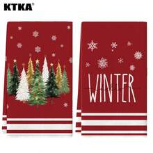 2 buah Lap Dapur Natal, Latar Belakang Merah dengan Motif Pohon Natal & Slogan "Hello Winter", Handuk Dapur Dekorasi Rumah Natal Liburan - Red and White - View 9