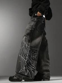 Men's Gothic Street Wide Leg Jeans, Exquisite Niche Side Embroidery, Loose Stylish Versatile All-Season Long Pants (No Belt & Accessories Included) - Black - View 8