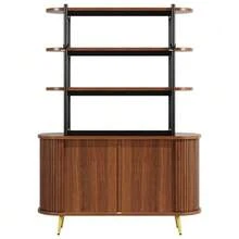 Sideboard With Roller Doors And Top Shelf, 4-Tier Open Shelf, Modern Kitchen Cabinet With Vertical Ribbed Paneling, Gold Metal Legs, Storage Cabinet For Dining Room And Living Room, Dark Brown - Wood - View 8