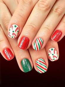 24pcs Short European-Style Square Fake Nails, Christmas Red And Green Striped Candy Cane With Polka Dots And Glitter, Full Coverage Removable Nail Set, Suitable For Parties, Proms, And Everyday Wear. - Multicolor - View 8