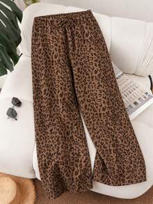 Women's Plus Size Leopard Print Ribbed Straight Leg Drawstring Casual Fashion Autumn Pants - Mocha Brown - View 2