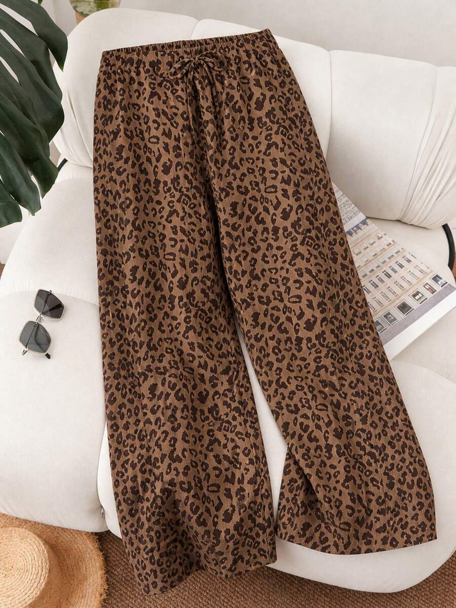 Women's Plus Size Leopard Print Ribbed Straight Leg Drawstring Casual Fashion Autumn Pants