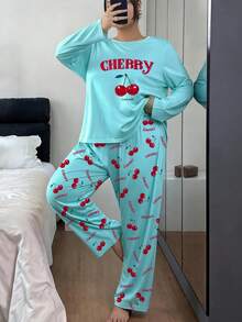Women's Plus Size Pajama Set, Cherry Print, Long Sleeve Long Pants Loungewear, Autumn/Winter Clothing - Green - View 5