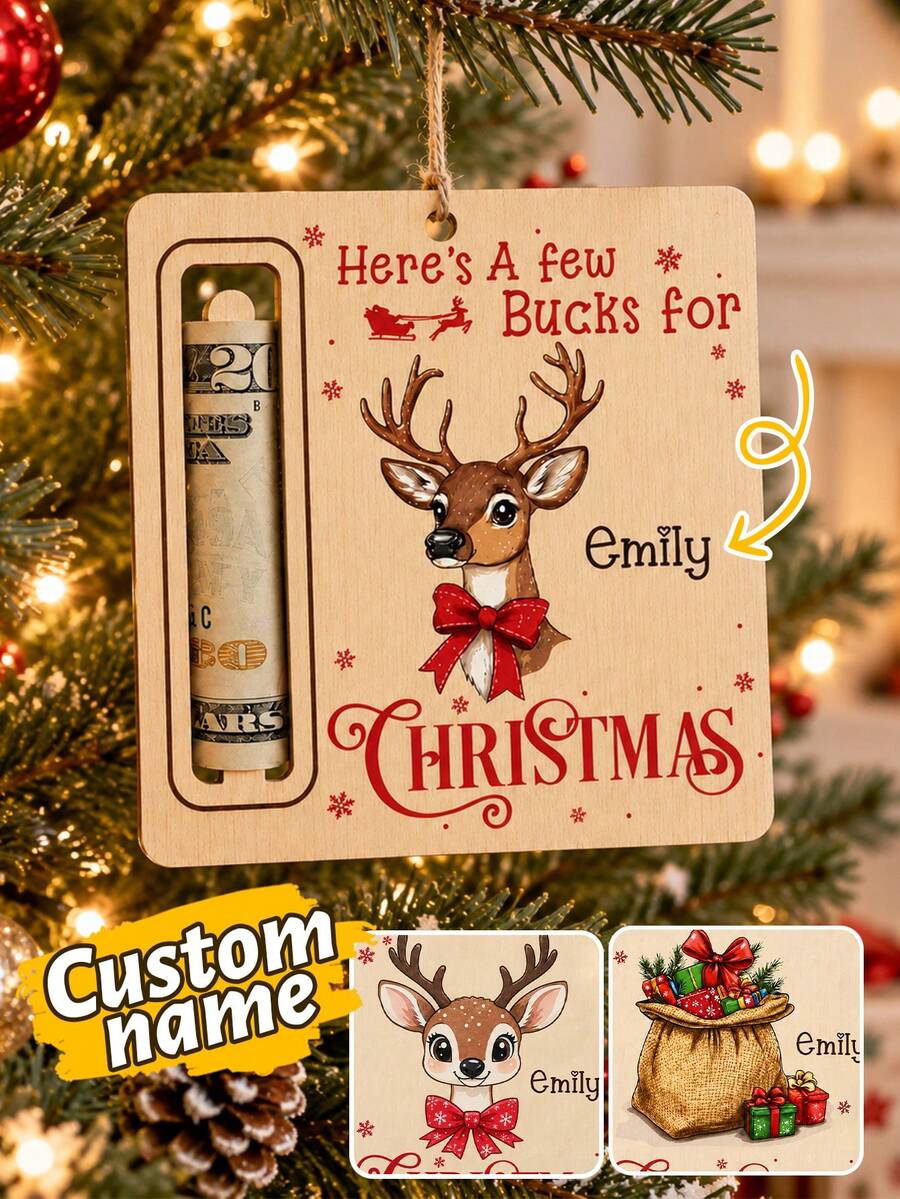 Custom Christmas Cash Holder Ornament, Personalized Name Reindeer Tree Hanging Decor, Festive Holiday Gift Accent, Customized Money Holder Keepsake For Home Party, Customizable Name Christmas Tree Decoration, Christmas Gift 2026, Family, Friends - Style B - View 1