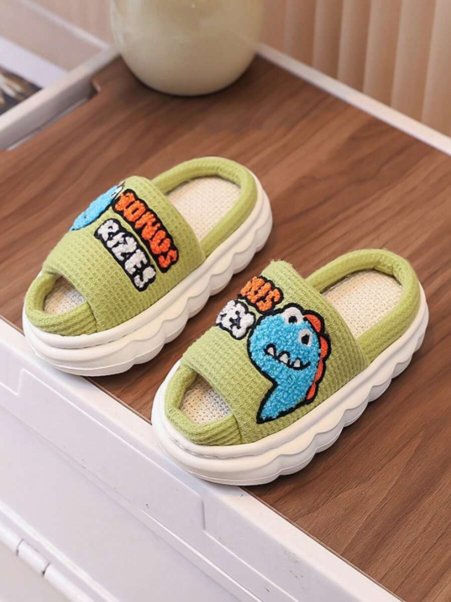 Cute Dinosaur Pattern Children's Slippers, Breathable Thick Sole Anti-Slip Open Toe Fabric House Slippers For Boys And Girls - Green - View 1