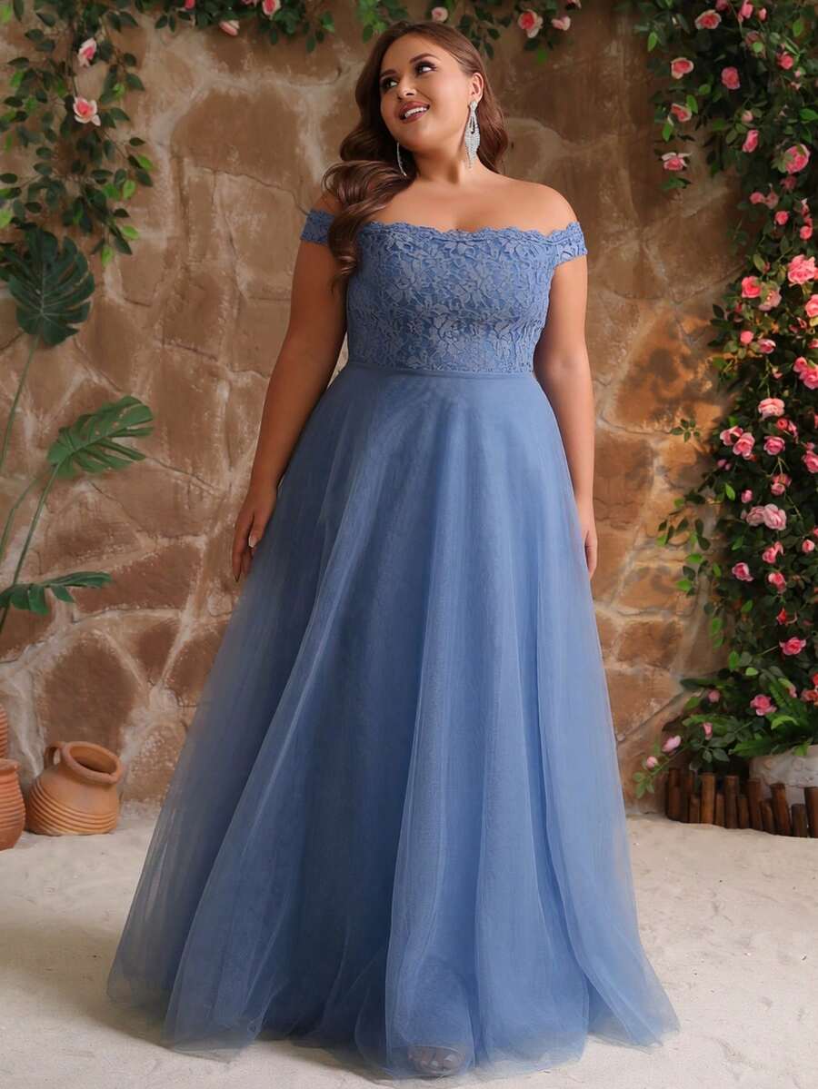 Plus Size Women's Cold Shoulder Lace Tulle Evening Gown, Suitable For Bridesmaid, Wedding Guest, Maid Of Honor, Prom, Homecoming, Graduation Ceremony And Other Formal Occasions - Dusty Blue - View 1