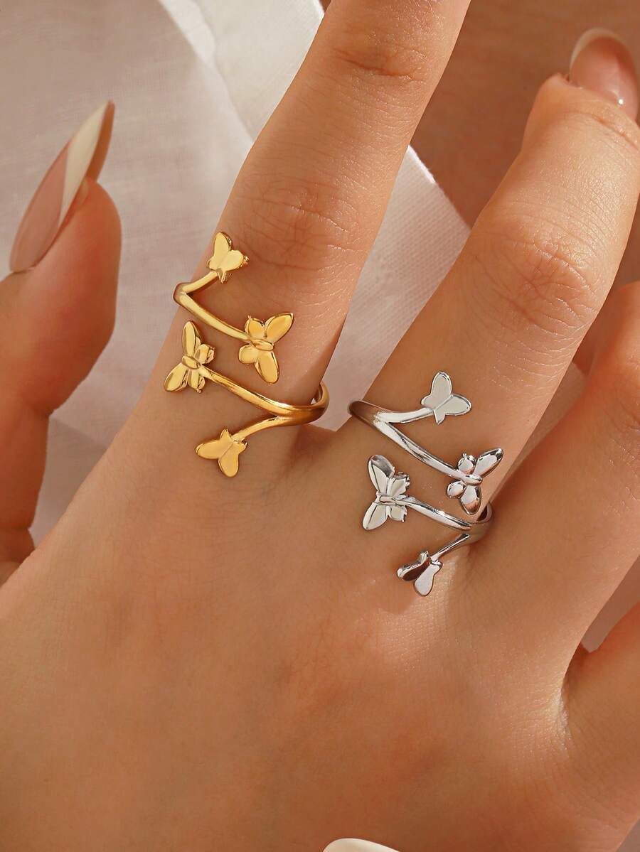 2pcs/Set Stainless Steel 18K Gold Plated Fashion Butterfly Open Ring, Suitable For Women's Daily And Party Wear - Multicolor - View 1