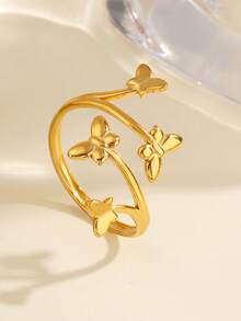 2pcs/Set Stainless Steel 18K Gold Plated Fashion Butterfly Open Ring, Suitable For Women's Daily And Party Wear - Multicolor - View 6