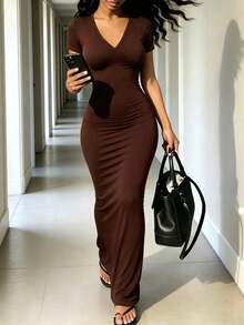 RNU Brown Solid V-Neck Short Sleeve Knit Dress, Soft Elastic Ribbed Fabric, Sexy Slim Fit Bodycon Long Cut Suitable For Daily Commute, Casual - Coffee - View 4