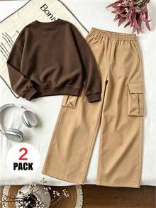 Setelan 2 Potong untuk Anak Perempuan, Termasuk 1 Sweatshirt Lengan Panjang Leher Bulat Motif Kopi dan 1 Celana Kargo, Pakaian Kasual dari Kain Lembut - MultiWarna - View 4