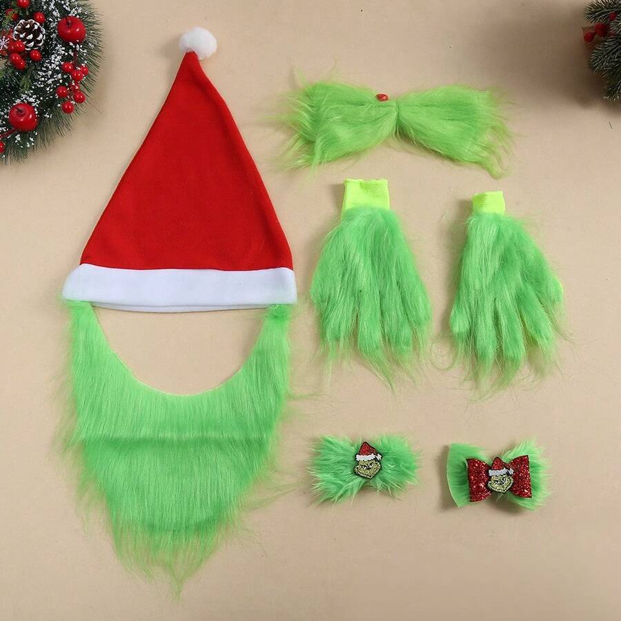 The Grinch Christmas Set Green Monster 5pcs Including Hat, Gloves, Hair Clip Party Costume INS Style - Multicolor - View 1