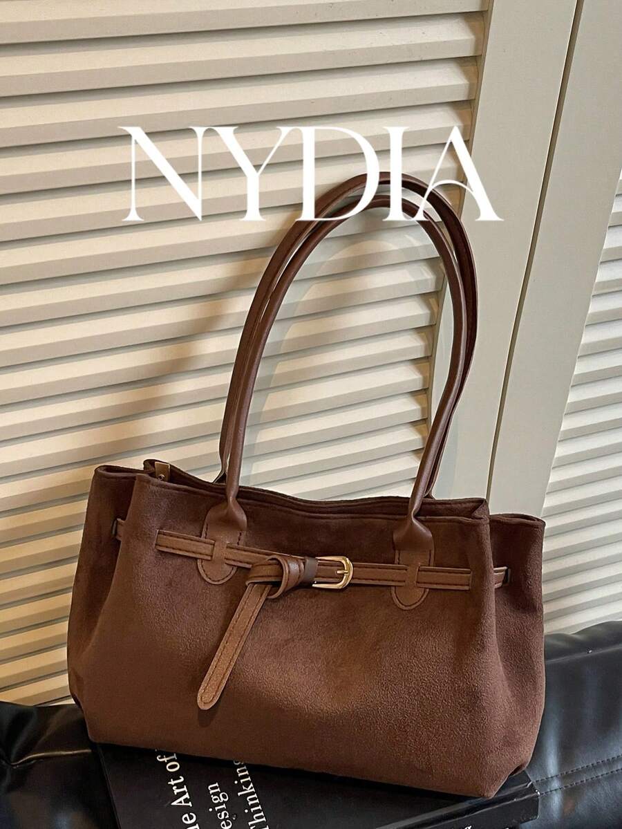 1pc Vintage Coffee Color Faux Suede Large Capacity Women's Tote Bag, Daily Commute Shoulder Bag With Buckle Detail, Fashion Handbag Suitable For Work And Travel