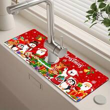 1pc Christmas Faucet, Snowman Pattern, Sink Faucet Absorbent Mat, Drainage Mat, Suitable For Kitchen, Bathroom Sink, Countertop, Drainage Mat, Diatomaceous Earth Material, Trimmable, Quick-Dry Mat - Multicolor - View 2