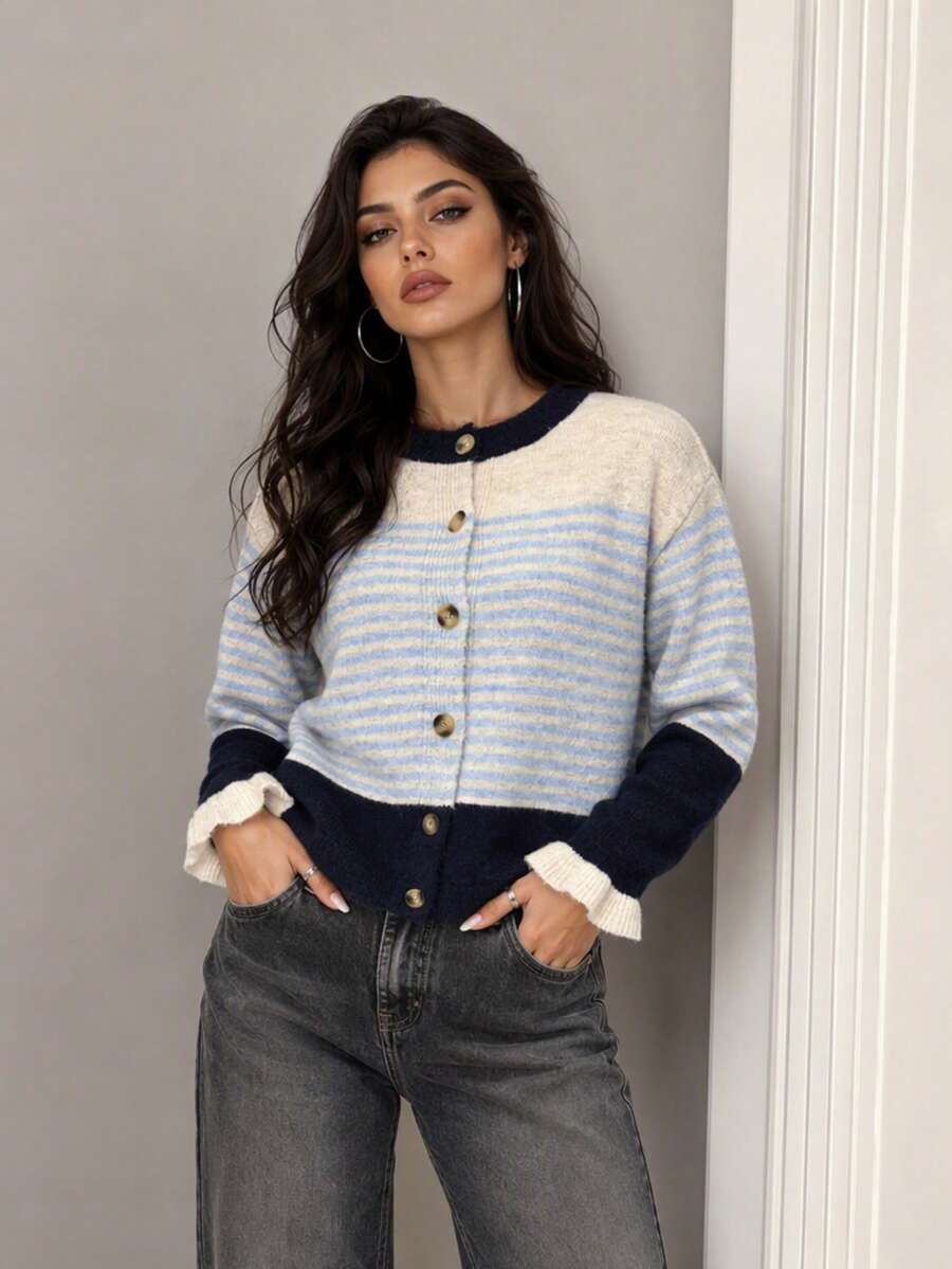 Women's Colorblock Striped Patchwork Detail Round Neck Knit Cardigan, Single-Breasted Short Jacket, Ruffle Cuffs, Gentle Style, Suitable For Autumn Outings - Multicolor - View 1