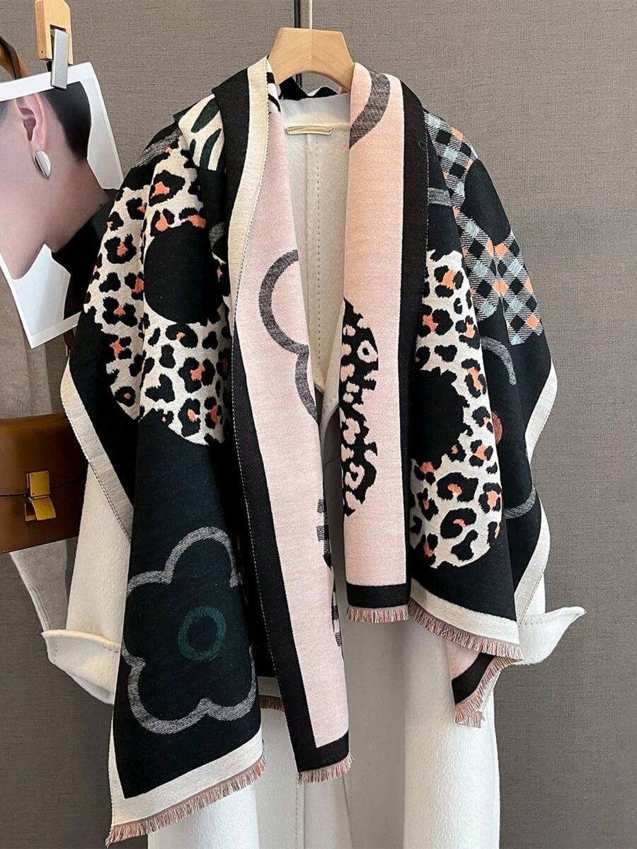 1件女款雙面圍巾,冬季雙用途室內冷氣房披肩,長款加厚保暖日常百搭圍脖 - 彩色 - 查看 1