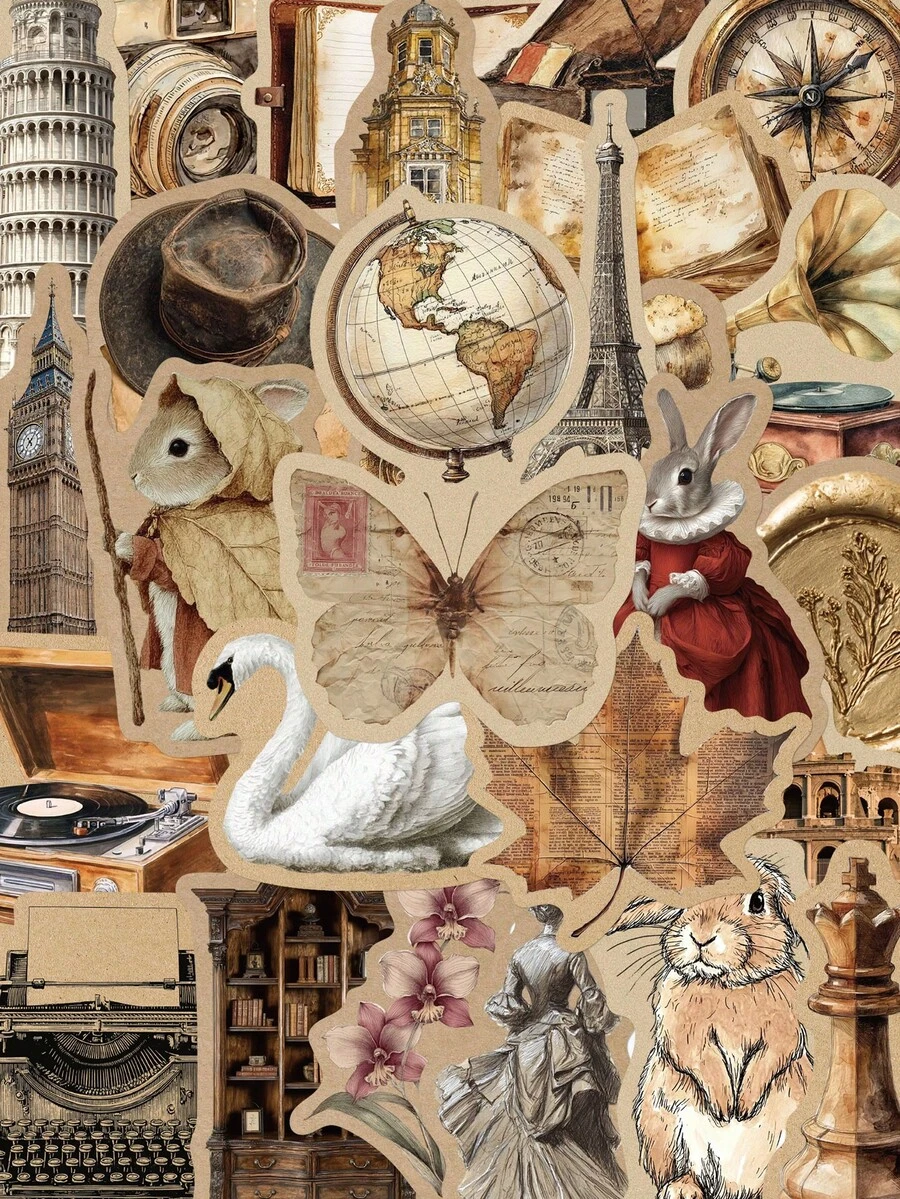 60Pcs Vintage World Travel Stickers, Retro Antique Architecture Globe Rabbit Butterfly Pattern Decals, Aesthetic DIY Craft Stickers For Journaling Scrapbooking, Tumbler, Laptop, Luggage, Phone Case Decoration - 60pcs - View 1