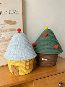 1pc Tree & House Pattern Knitted Storage Basket, Cute Country Style Woven Cotton Round, With Pom Pom And Embroidery Details, Multi-Functional Desktop Storage Bin, Suitable For Christmas Home Living Room Bedroom Decor, All Season Holiday Gift - Multicolor - View 5
