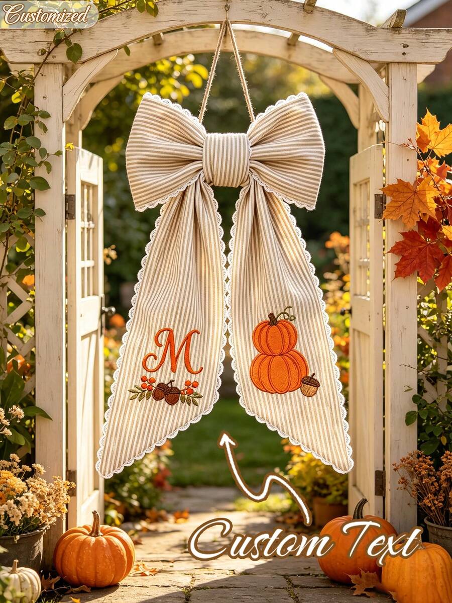 Personalized Custom Embroidered Pumpkin Wreath Ribbon Bow, Striped Fan-Shaped Edge Wreath Ribbon, Custom Text Letter Door Wreath Decoration, Halloween Door Decor Gift, Winter Holiday Front Door Home Decor - Multicolor - View 1
