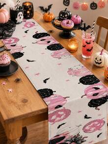 1pc Pink Pumpkin Halloween Linen Table Runner, Sweet Spooky Rectangular Table Decor With Black White Pumpkins, Bats And Star Print, Cute Holiday Tabletop Decoration For Halloween Party And Home - Multicolor - View 3