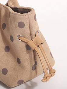 Khaki Polka Dot Underarm Tote Bag With Dual Drawstring Design, Women's Shoulder Bag With Pom Pom Pendant, Suitable For Commuting And Shopping - Khaki - View 8