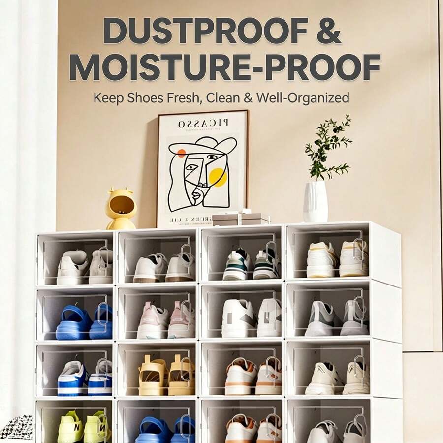 1pc Side‑Opening Clear View Shoe Storage Boxes, Stackable Dust‑Proof White Plastic Shoe Organizer, Easy Assembly Space‑Saving Shoe Holder For Closet, Hallway, Under Sofa, Under Bed & Bathroom Vanity - Multicolor - View 1