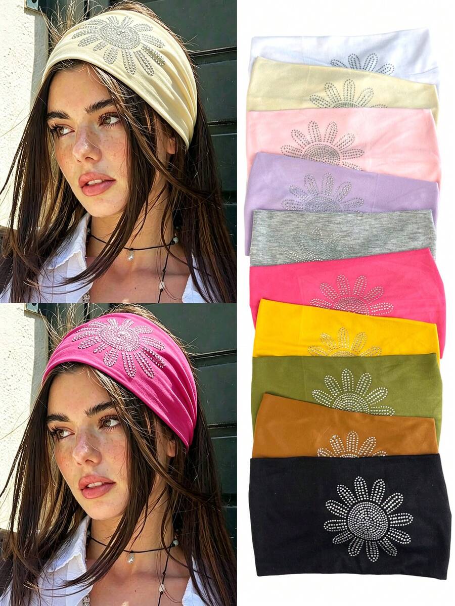 DUOJIAOYAN 1pc New Solid Color Wide Sunflower Rhinestone Print Elastic Breathable Sports Headband For Daily Workout Fitness And Styling - Multicolor - View 1
