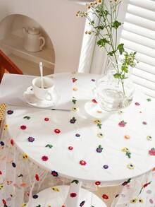 Elegant Floral Daisy Embroidery Mesh Tablecloth - Spring Summer Boho Chic Dining Decor, Vintage Lace Rectangular Table Cover For Wedding, Party, Tea Time, Farmhouse Kitchen Decor - Multicolor - View 6