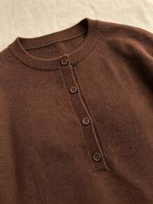 Plus Size Solid Color Casual Crew Neck Button Knit Long Sleeve Pullover Sweater - Brown - View 7