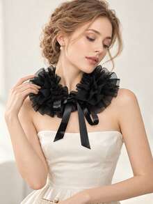 1Pc Women Black/White Ruffled Mesh Satin Bow Elegant Vintage Detachable Collar For Party Wedding Dressy - Multicolor - View 2