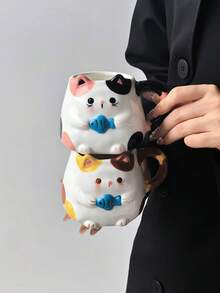 1pc "Cat Catching Fish" Ceramic Coffee Mug, Healing Style Original Hand-Painted Calico Cat Cup, Highly Attractive Water Cup, Cute Design, Suitable For Coffee, Tea, Holiday Gift, Birthday Gift - Multicolor - View 4