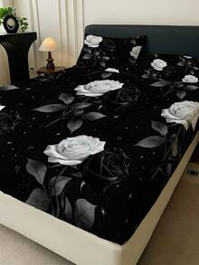 1PC Gothic Style Printed Fitted Sheet (Fitted Sheet Only, No Pillowcase), Black And White Rose Pattern Soft Bedding, Suitable For Bedroom, Guest Room, School Dorm, Easy To Remove And Machine Washable, All-Season Mattress Protector - Multicolor - View 4