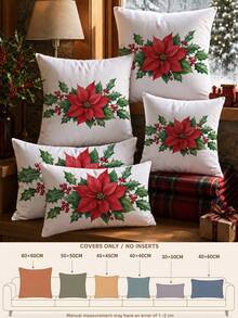 1pc/2pcs Christmas Simple Poinsettia Pattern Waffle Fabric Cushion Cover, Single-Sided Printed Soft Waffle Polyester Material, Waffle Pillowcase Suitable For Room Decoration, Modern Minimalist Sofa Living Room Decor, Gift Giving, Party Decoration - Multicolor - View 3
