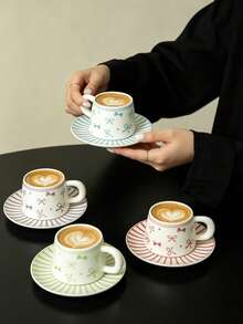 Set Of 2 Cute Ceramic Coffee Cups & Saucers, 90ml, Microwave & Dishwasher , Includes Espresso Cup And Arabica Coffee Cup, Perfect For Afternoon Tea, Cafe, Kitchen And Home Decor - Ideal Gift - Multicolor - View 6