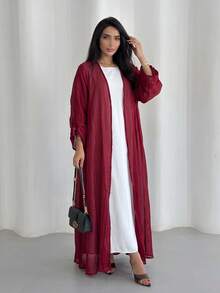 Modest Women's Long Robe Abaya Outerwear Cardigan Shiny Silk Dress (Headscarf Not Included) - Red - View 1