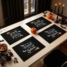 1/4/6pcs Halloween Series Witch Broom & Bat Pattern Printed Placemats, Heat-Resistant Table Mats For Home Kitchen, Table Protection, Kitchen Dining Table, Party Scene Decoration - Multicolor - View 4