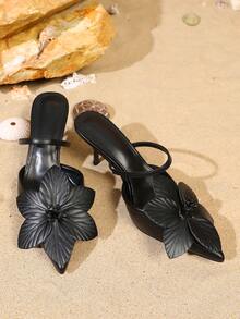 French Romantic 3D Floral Pointed Toe Stiletto High Heel Shoes Women Black Backless One-Strap Sandals Ladies Date Pumps - Black - View 6