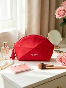 Bright Red Fan‑Shaped Cosmetic Pouch With Tassel Zipper Pull, Large‑Capacity Makeup Storage Bag, Elegant Beauty Organizer, Suitable For Personal Use Or As A Gift - Shiseido Cosmetic Bag - Red - View 1