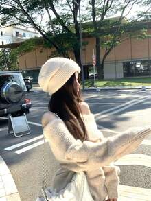 Cold Shoulder Knit Sweater Loose Lazy Style Top Autumn Winter - Apricot - View 3