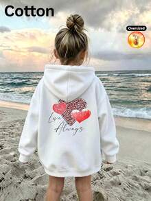2026 Autumn/Winter Girls' Custom Loose White Hoodie, Leopard Print And Red Gradient Heart Pattern, Letter Print, Casual Cute Style - White - View 11