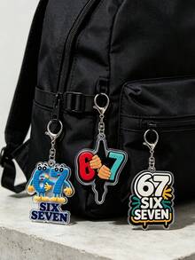 2D平面趣味「67」數字鑰匙圈吊飾 SIX SEVEN 67 機器人鑰匙圈，包包與錢包配件，日常穿搭裝飾，適合送給母親、父親、畢業生和老師的禮物 - 彩色 - 查看 1