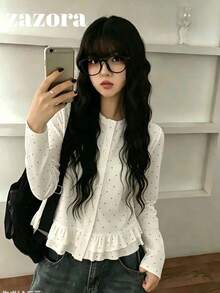 Korean Style Button Polka Dot Round Neck Ruffle Long Sleeve T-Shirt, Ballet Style Casual Versatile Loose Top For Early Autumn - White - View 6