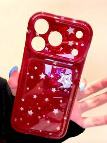 Ins Red Ink Splatter Gradient 3D Star Phone Case Compatible With Apple 18 Pro Max, New 17, 16, 13, 14, 15 Pro, Niche Women Style Full Coverage Shockproof 2-In-1 Protective Cover - Red - View 4